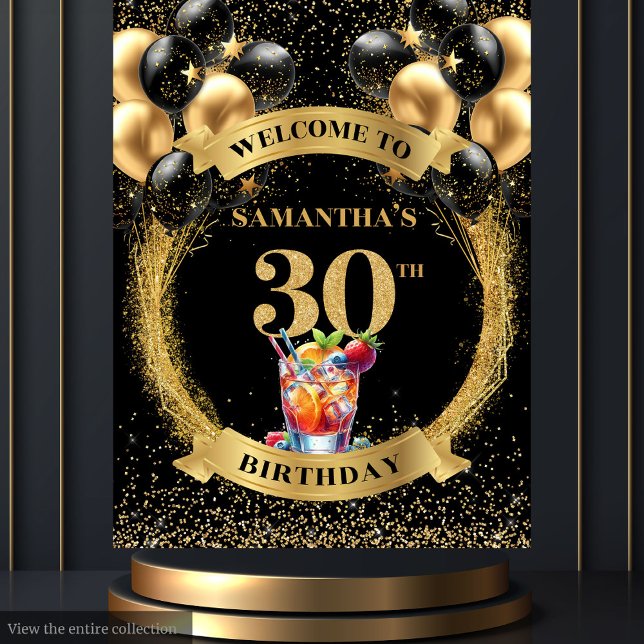 Tapete De Parede Banner Dourado preto de aniversário de 30 anos cha (Charming 30th Birthday Whiskey Black Gold Banner)