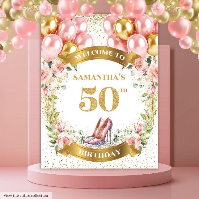 Tapete De Parede Banner Luxe 50º Aniversário Blush Boho Pink Heels (Luxe 50th Birthday Blush Boho Pink Heels Banner)
