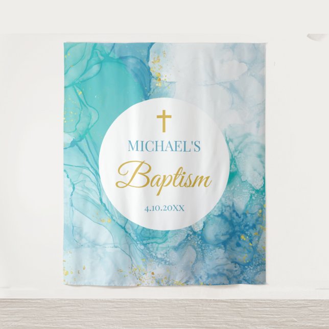 Tapete De Parede Baptism Marble blue mint modern backdrop (Frente)