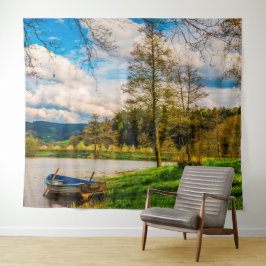 Tapete De Parede Barco no Lago Montanha Nublado Sky