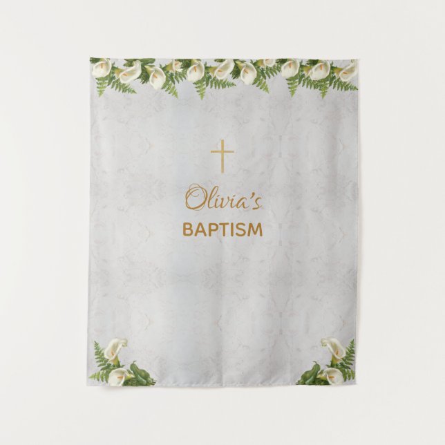 Tapete De Parede Batismo Fundo Marble Dourado Cross Calla Lily (Frente)