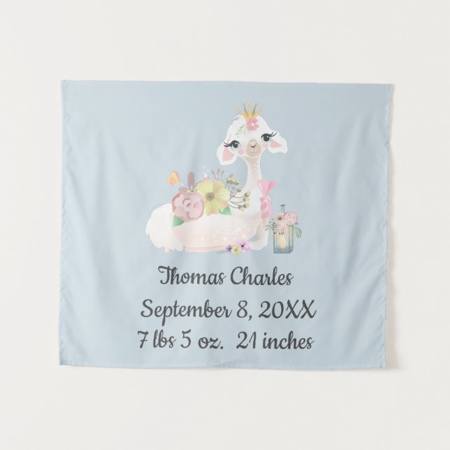 Tapete De Parede Bebê Lhama com Flores Brancas e Azuis Bebê Menino (Frente (Horizontal))