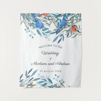Tapete De Parede Bela Aquarela Casamento de Pássaros e Folhagens