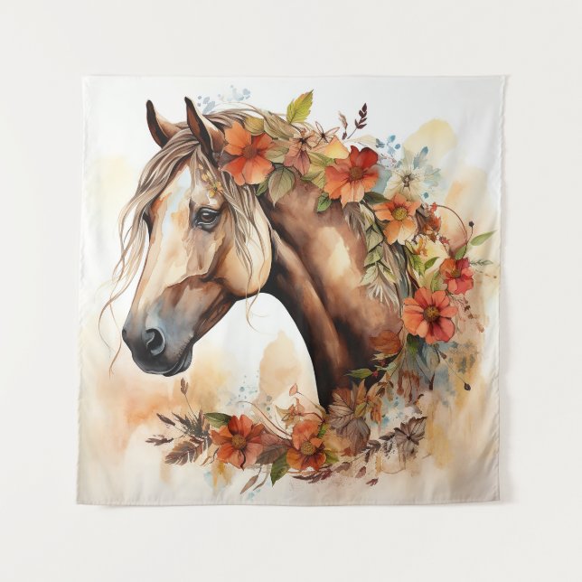Tapete De Parede Belo Cavalo com Bonito Flor Aquarela (Frente)