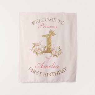 Tapete De Parede Bem-vinda Coroa de Ouro Rosa Princesa 1º Aniversár