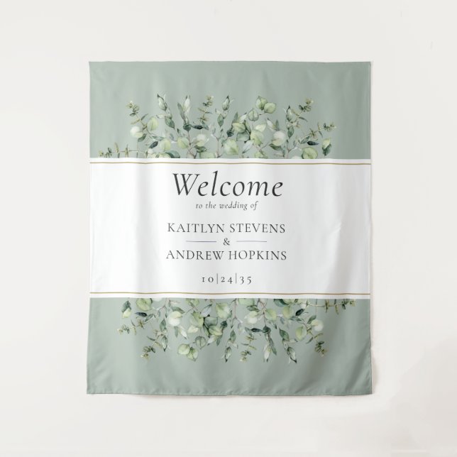 Tapete De Parede Bem-vindo ao Casamento com Eucalipto Verde Sage  (Frente)