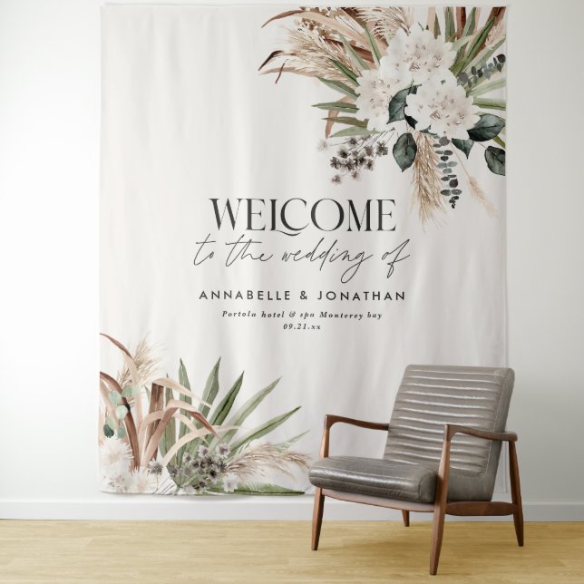 Tapete De Parede Bem-vindo ao casamento moderno botânico pampas euc (In Situ)