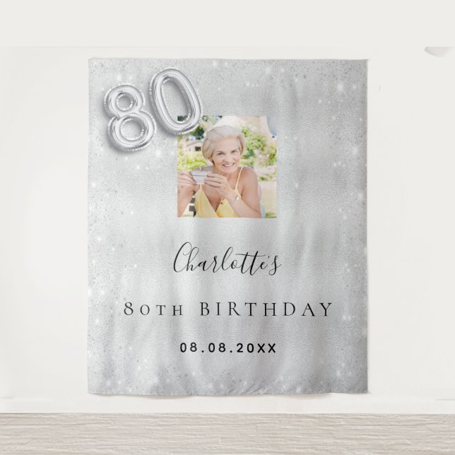 Tapete De Parede bem-vindo ao pó glitter prata aniversário de 80 an (Frente)