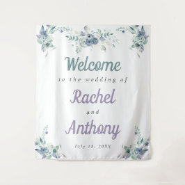 Tapete De Parede Bem-vindo Casamento Flores Azuis Roxas Aquarela