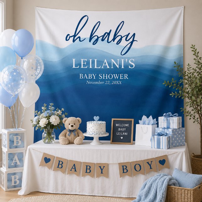 Tapete De Parede Bem-vindo Chuveiro de Bebê Fundo Azul Ombre (Oh baby blue ombre watercolor tapestry perfect for a beach baby shower and is a perfect backdrop.)