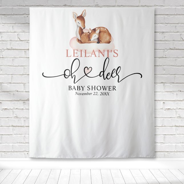 Tapete De Parede Bem-vindo Chuveiro de Bebê Oh Deer Nuvem Rosa Fund (Baby shower deer and fawn pink cloud watercolor simple modern backdrop for photo ops.)