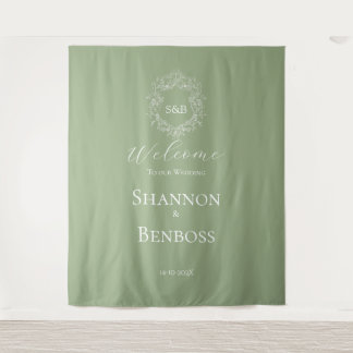 Tapete De Parede Bem-vindo de casamento com monograma floral verde
