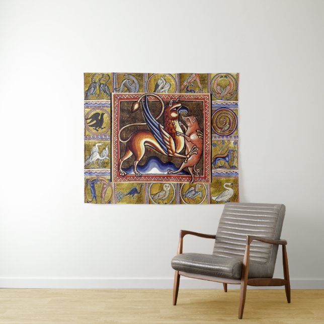 TAPETE DE PAREDE BESTIÁRIO MÉDIO, GRIFFIN E BOAR SELVAGEM,ANIMAIS (In Situ (Horizontal))