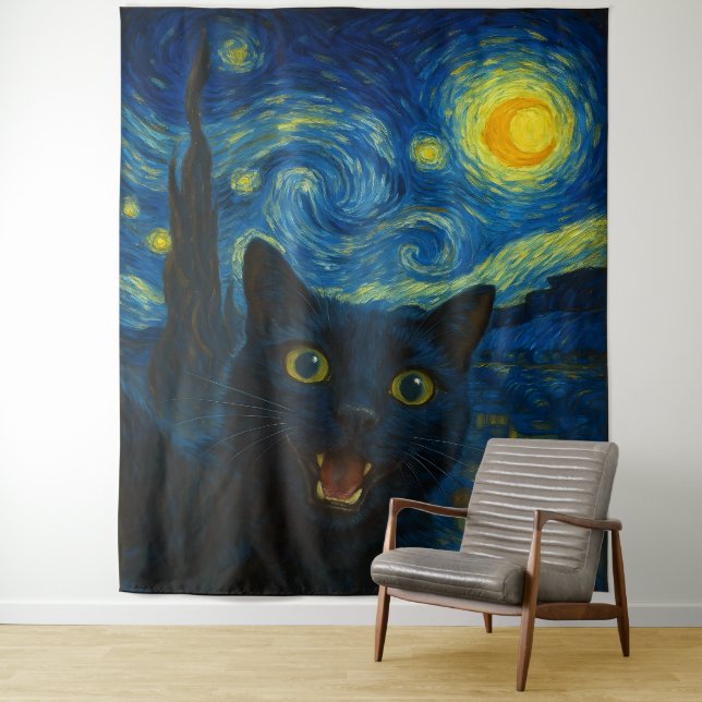 Tapete De Parede Black Cat Starry Night Van Gogh Cat Selfie (In Situ)