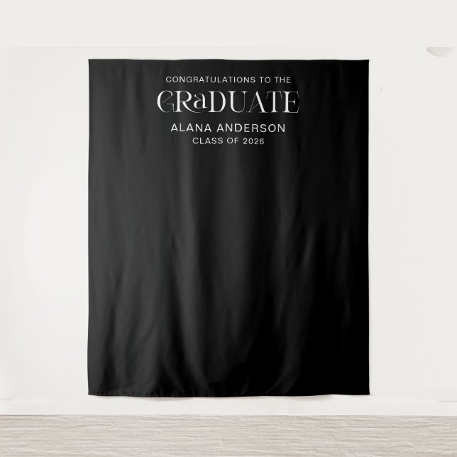 Tapete De Parede Black Graduation Party Modern Backdrop with Name (Frente)