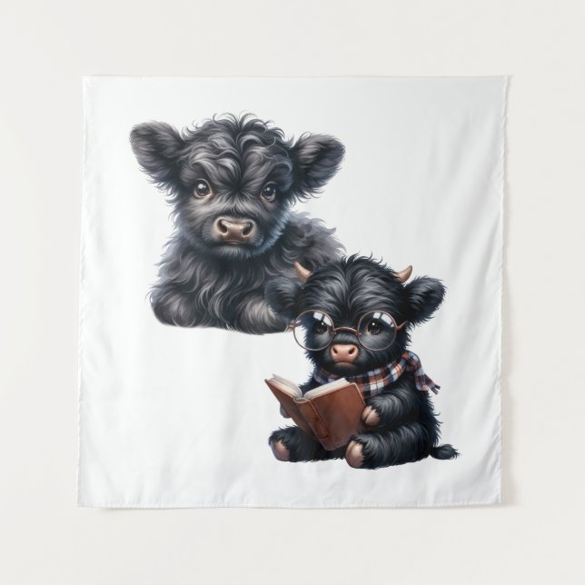 Tapete De Parede Black Highland Cow Reading A Book (Frente)