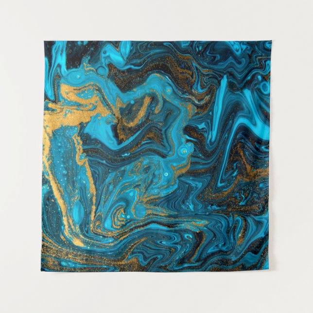 Tapete De Parede Blue and gold marbling pattern. Golden marble liqu (Frente)