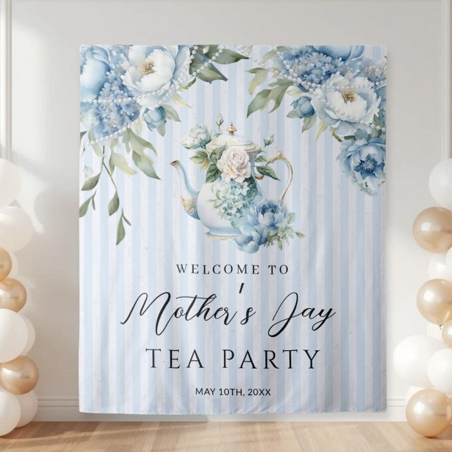 Tapete De Parede Blue Floral Mother's Day Tea Party Backdrop (Elegant Blue Floral Mother's Day Tea Party backdrop)