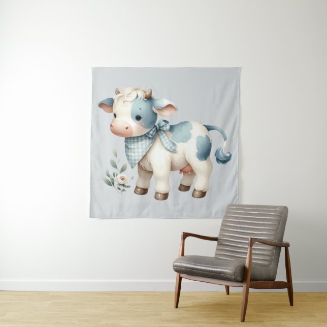 Tapete De Parede Blue Gingham Baby Cow Pastel Farm Aesthetic (In Situ)