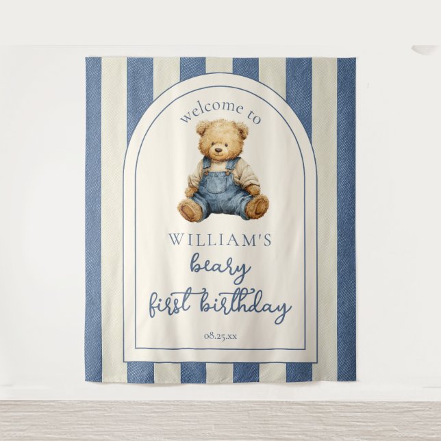 Tapete De Parede Blue Jean Teddy Bear 1st Birthday Photo Backdrop (Frente)