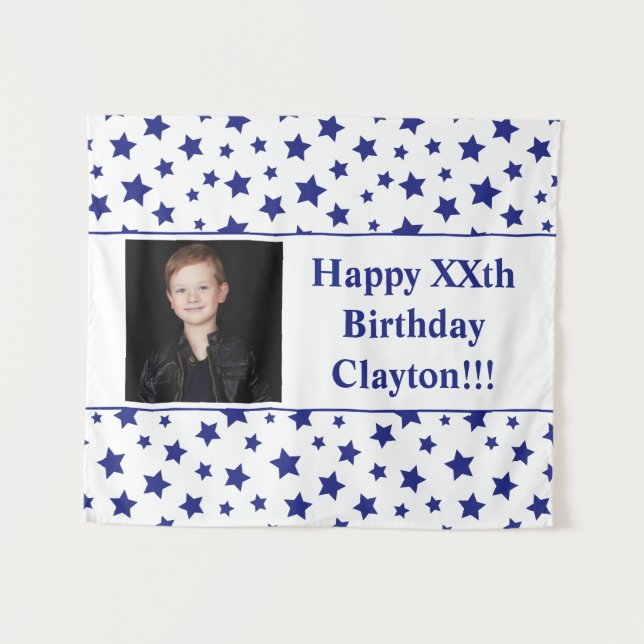 Tapete De Parede Blue Stars with Message Photo Birthday (Frente (Horizontal))