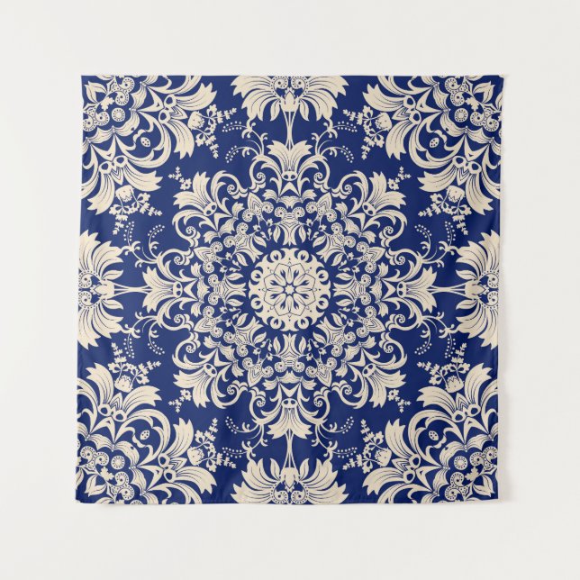 Tapete De Parede Blue Vintage: Padrão Elegante Invisível. (Frente)