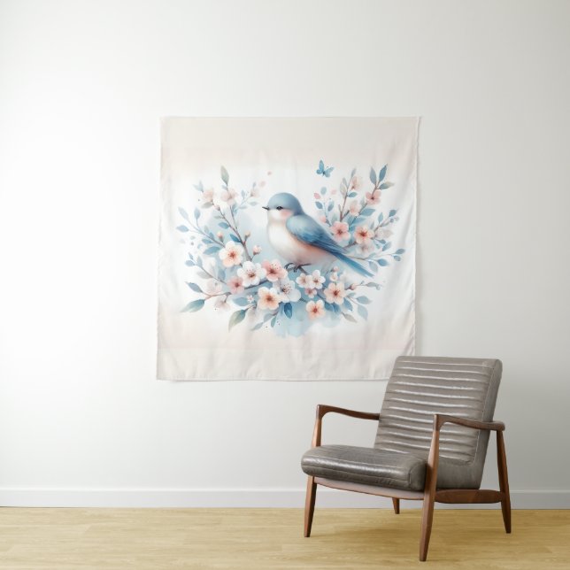 Tapete De Parede Bluebird Blossom Watercolor Serenity (In Situ)
