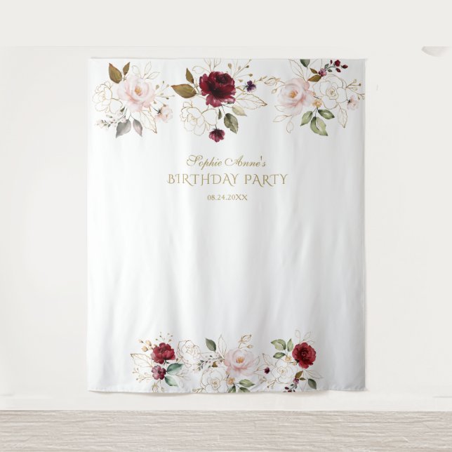 Tapete De Parede Blush Burgundy Foto Floral Dourada Booth (Frente)