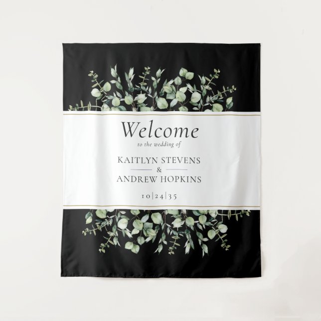 Tapete De Parede Boas-vindas de casamento de Eucalipto Preto (Frente)