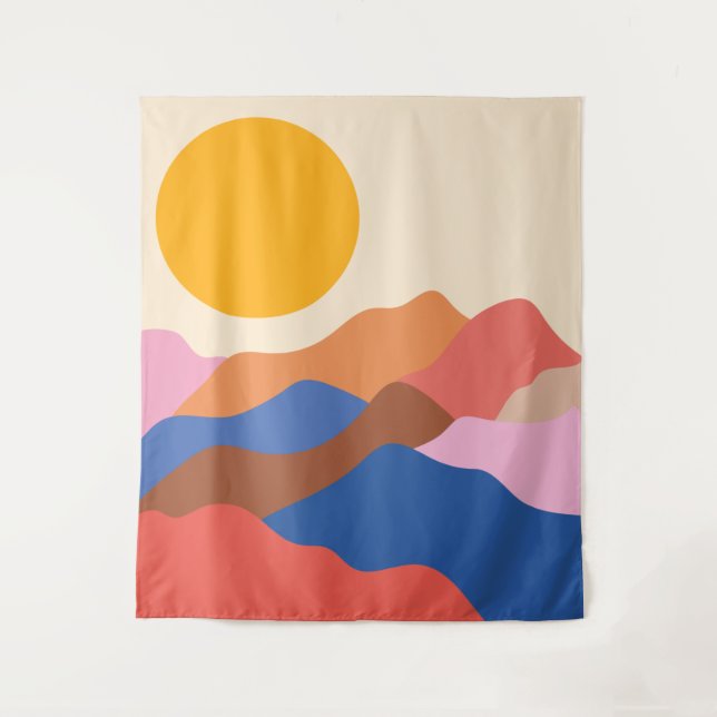 Tapete De Parede Boho Aestético Abstrato Paisagem Montanha Azul   (Frente)