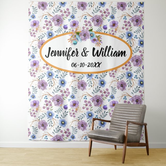 Tapete De Parede Boho Aquarela Floral Lilás & Azul Personalizar (In Situ)