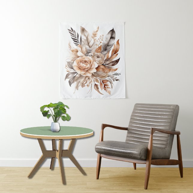 Tapete De Parede Boho Beige Cinza Floral Botânica (Boho Beige Gray Floral Botanical Feathers Watercolor Tapestry)