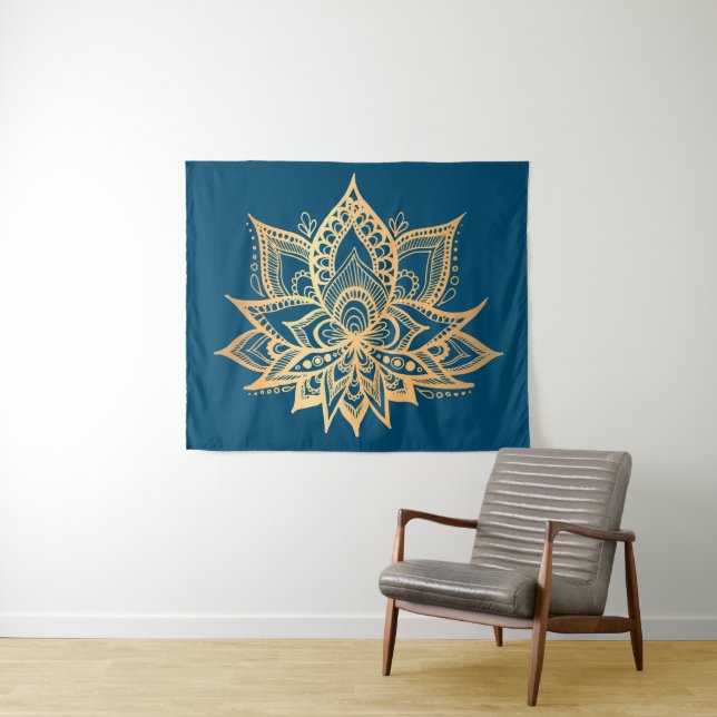Tapete De Parede Boho Dourado Flor Lotus Mandala Azul (In Situ (Horizontal))