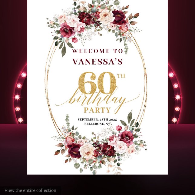 Tapete De Parede Boho Marsala Gold Floral Burgundy 60th Birthday  (Boho Marsala Gold Floral Burgundy 60th Birthday Banner)