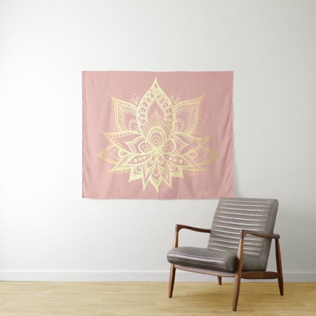 Tapete De Parede Boho Rosa Dourada Lotus Flower Mandala Art (In Situ (Horizontal))