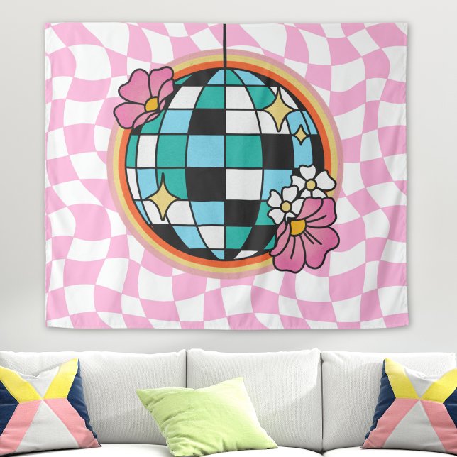 Tapete De Parede Bola de Discoteca Rosa Groovy Xadrez Retrô dos Ano (disco ball retro tapestry wall hanging, pink checkered print, 60s 70s hippie college dorm room decor)