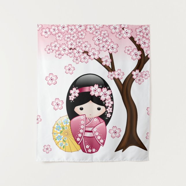 Tapete De Parede Boneca Kokeshi da Primavera - Garota Geisha Japone (Frente)