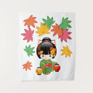 Tapete De Parede Boneca Kokeshi de outono - Garota Kimono Geisha Ve