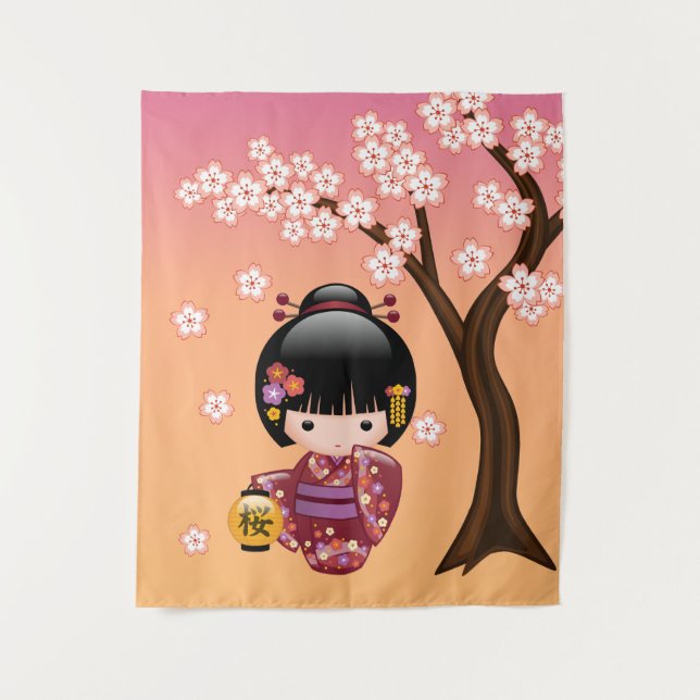 Tapete De Parede Boneca Kokeshi Sakura - Garota Geisha no Pêssego (Frente)