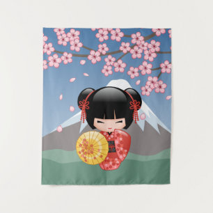 Tapete De Parede Boneca Kokeshi Sakura Vermelha - Geisha Japonesa F