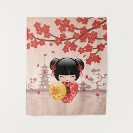 Tapete De Parede Boneca Kokeshi Sakura Vermelha - Geisha Japonesa F