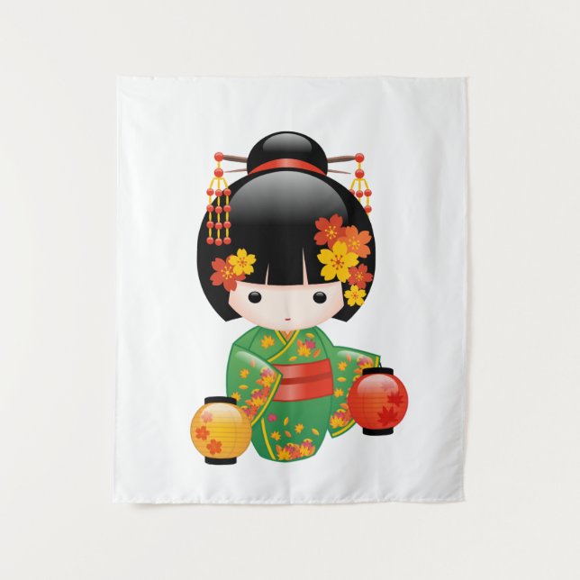 Tapete De Parede Boneca Kokeshi verde Kimono Geisha (Frente)