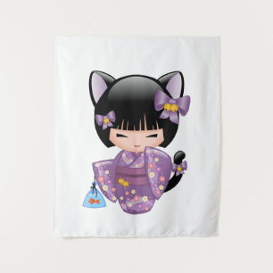 Tapete De Parede Boneca Neko Kokeshi - Garota Geisha com Orelhas de