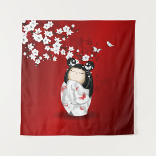 Tapete De Parede Bonecas Kokeshi Red Black White Cherry Blossoms