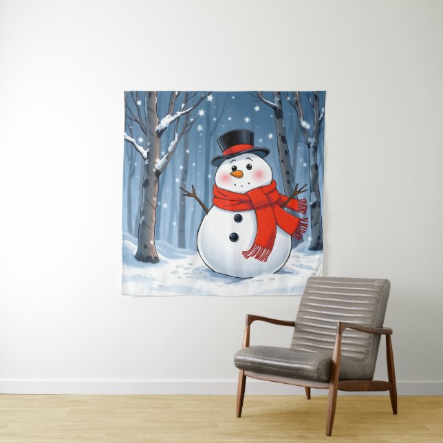 Tapete De Parede Boneco de neve na floresta fria com cachecol verme (In Situ)