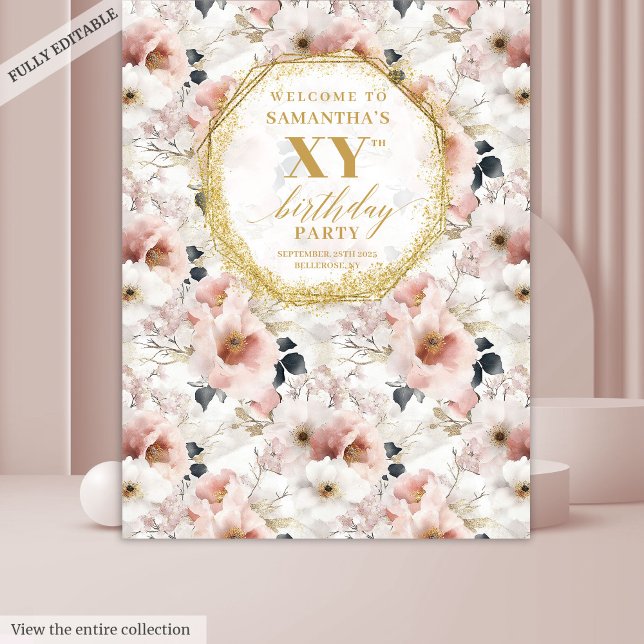 Tapete De Parede Booth de Fotos de Aniversário com Floral Cor Rosa  (Graceful Dusty Pink Floral Birthday Photo Booth Tapestry)