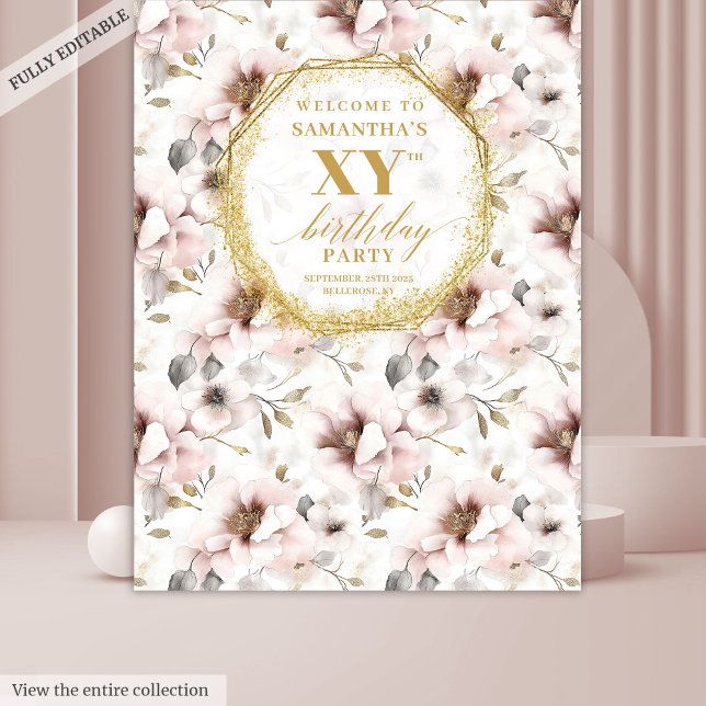 Tapete De Parede Booth de Fotos de Aniversário Floral Bege Chic Dou (Chic Blush Floral Ivory Gold Birthday Photo Booth Tapestry)