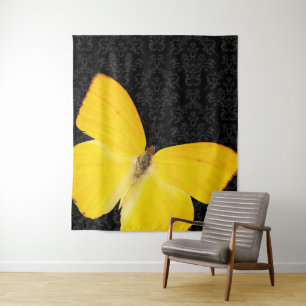 Tapete De Parede Borboleta Amarela Elegante Damasco Preto
