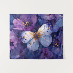 Tapete De Parede Borboleta Azul em Flores Roxas