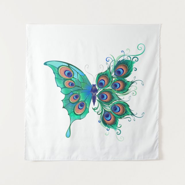 Tapete De Parede Borboleta com Penas de Pavão Verde (Frente)